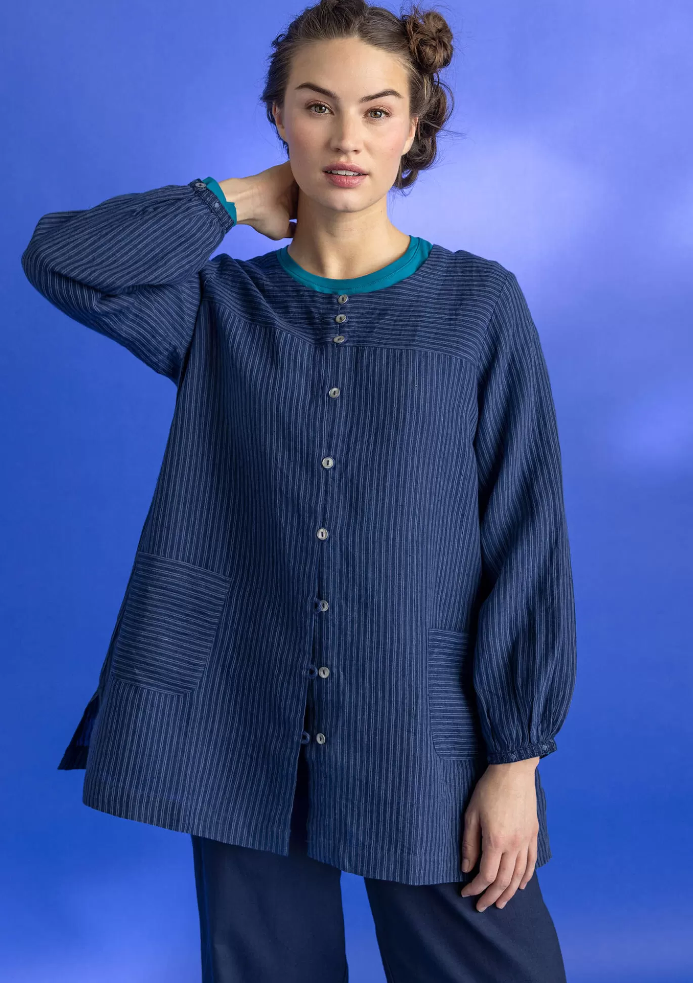 Gudrun Sjödén Vävd artistblus ”Asta” i lin Indigo/randig Sale
