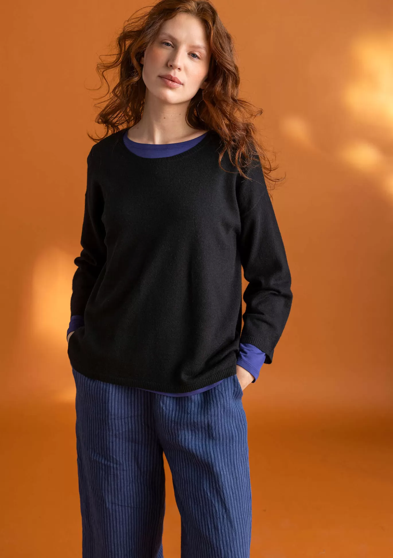 Gudrun Sjödén Vävd byxa ”Asta” i lin Indigo/randig Flash Sale