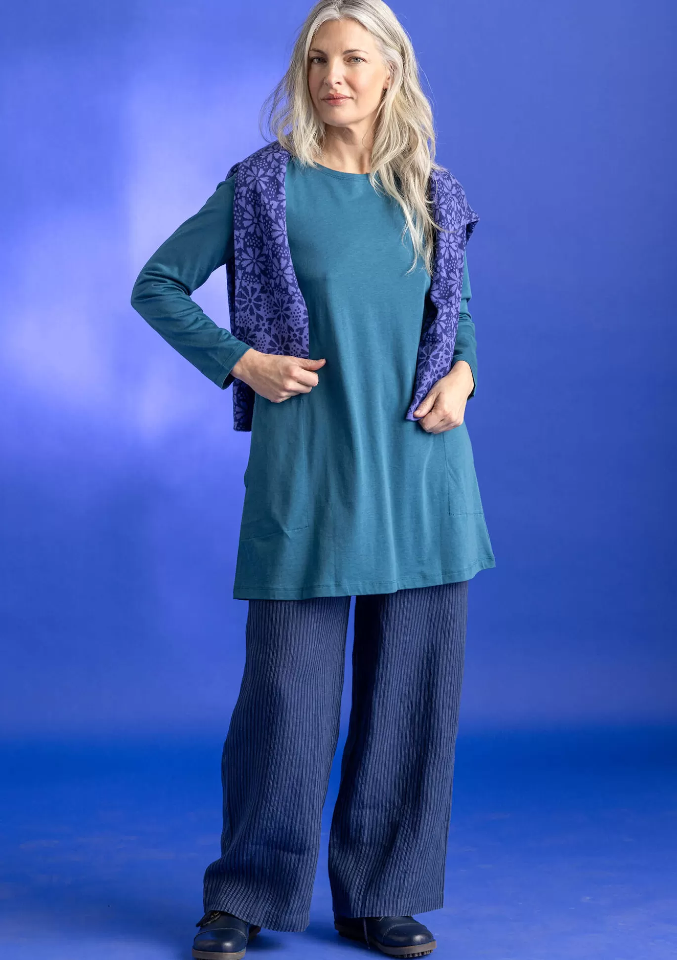 Gudrun Sjödén Vävd byxa ”Asta” i lin Indigo/randig Flash Sale